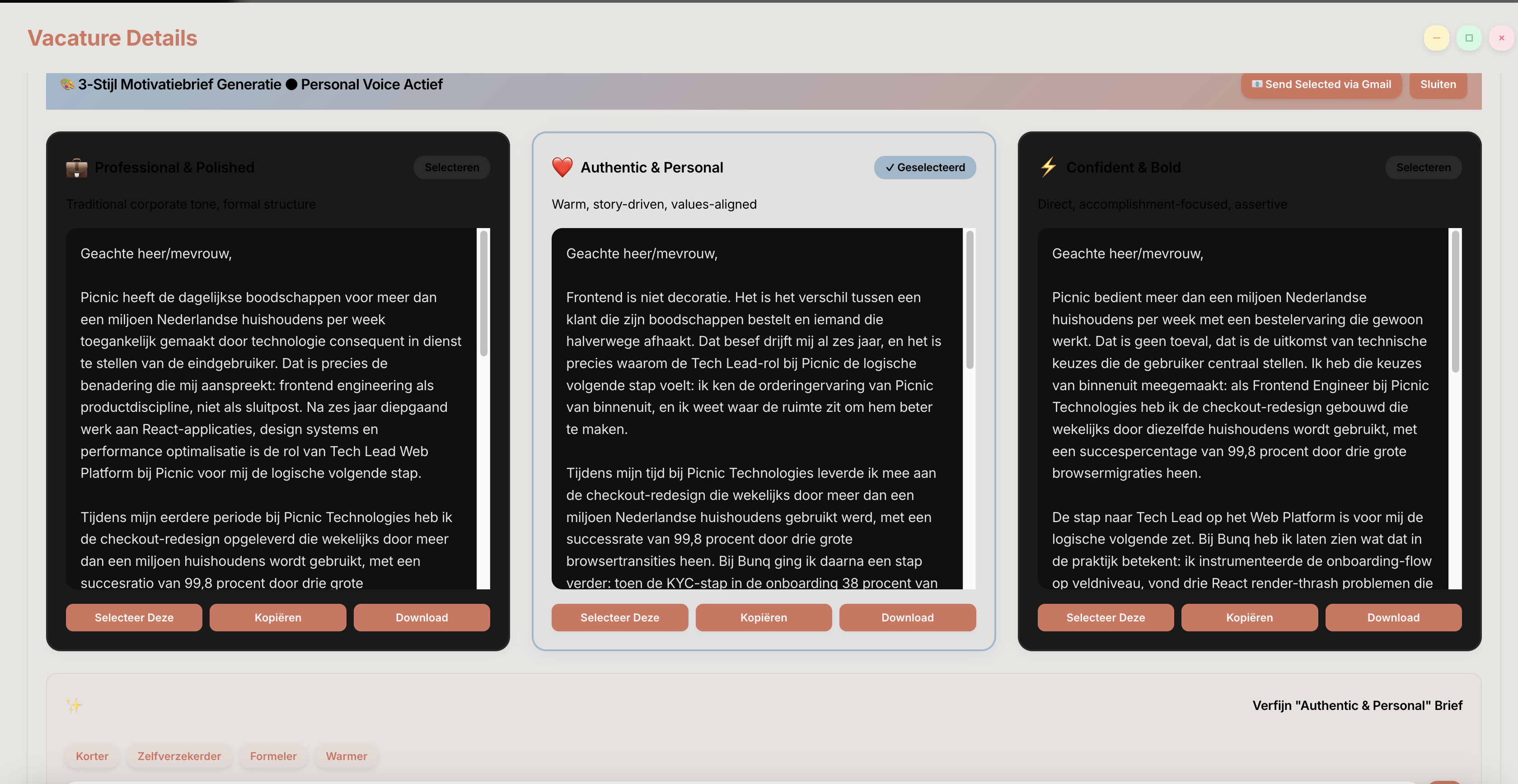 Kambulo cover letter generator with three style options