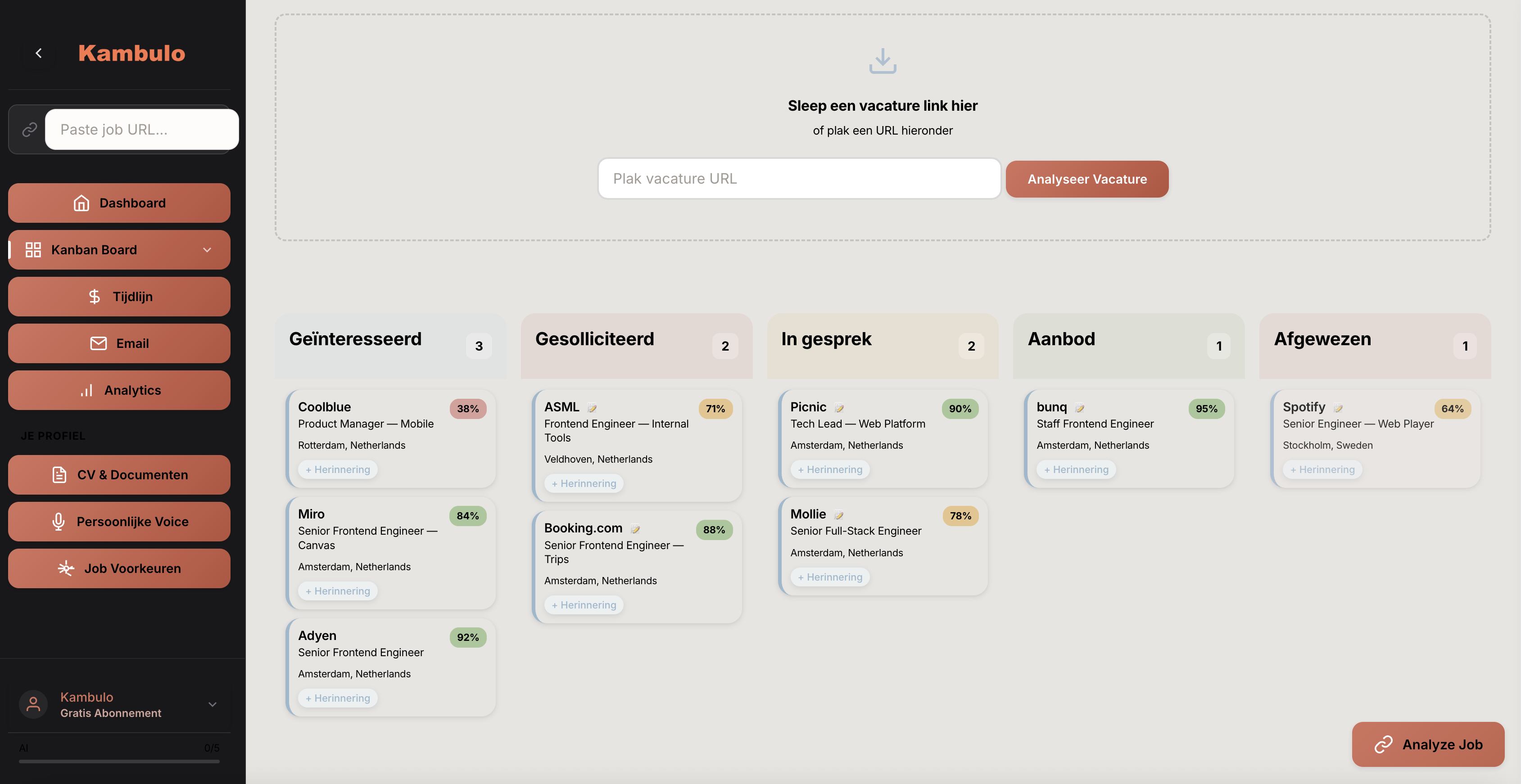 Kambulo kanban board with real job applications
